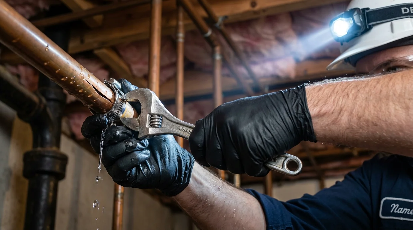 Emergency pipe clamp repair being performed by a Johns Plumbing LLC plumber in Humboldt
