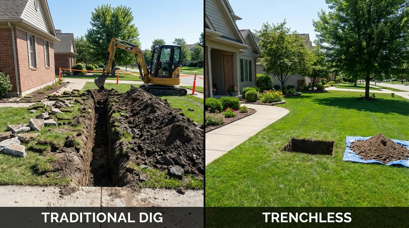 Trenchless sewer repair with minimal yard damage versus traditional excavation in Humboldt, TN