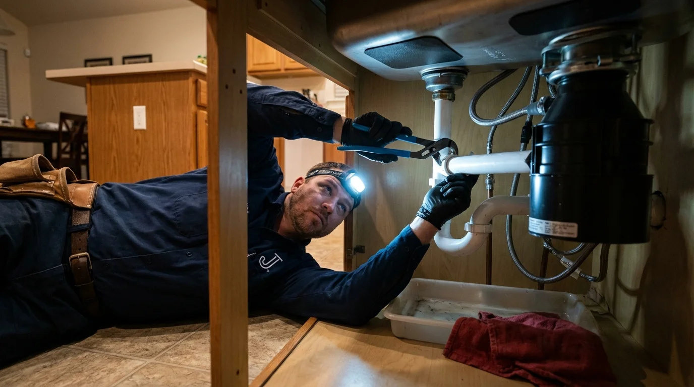P-trap and supply line connections under a kitchen sink showing a common leak point in Humboldt, TN